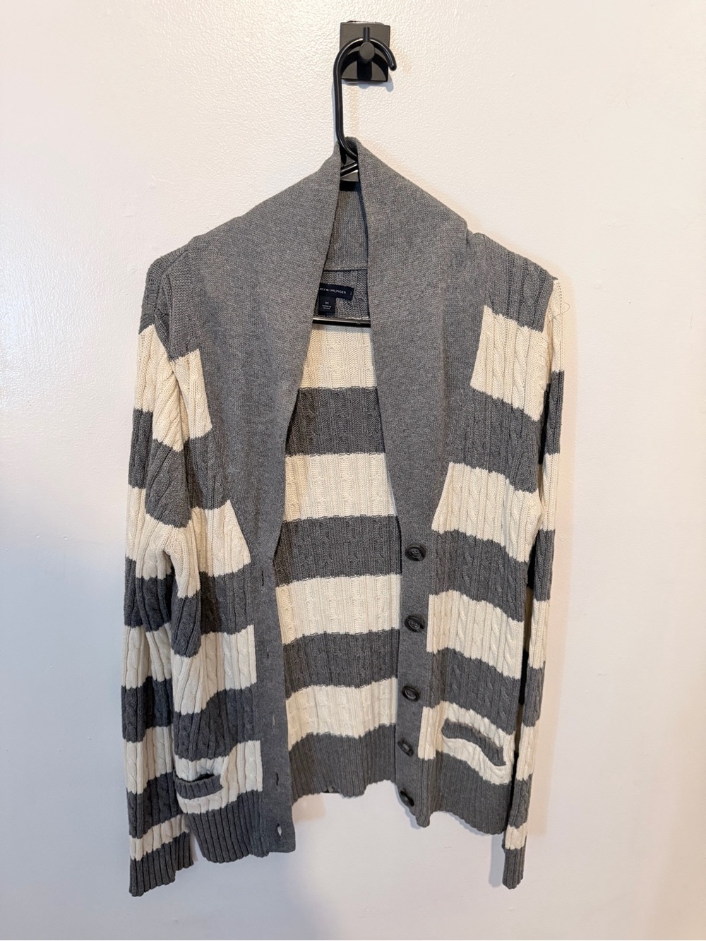 Tommy Hilfiger Gray and Cream Striped Cable-Knit Cardigan